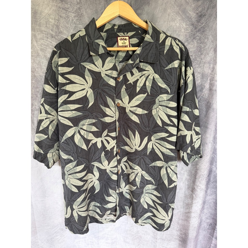Tommy Bahama Mens XL Silk Camp Shirt Grey Green Leaf Print Short Sleeve RN85549